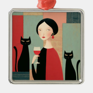 Elegant Woman Black Cats and Wine Metal Ornament