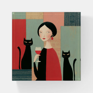 Elegant Woman Black Cats and Wine Paperweight