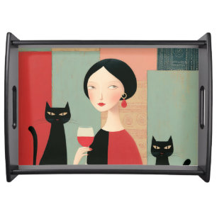 Elegant Woman Black Cats and Wine Serving Tray