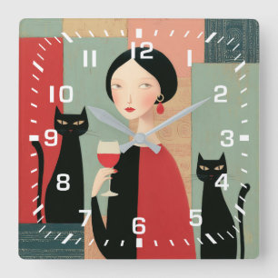 Elegant Woman Black Cats and Wine Square Wall Clock