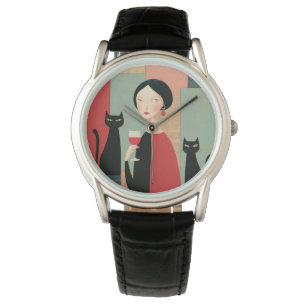 Elegant Woman Black Cats and Wine Watch