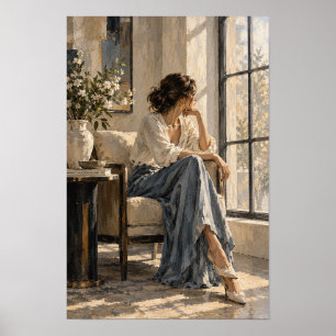 Elegant Woman by Sunlit Window Romantic Wall Art