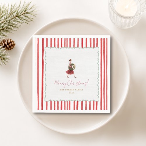 Elegant Woman Christmas Wreath Red Stripes Napkins