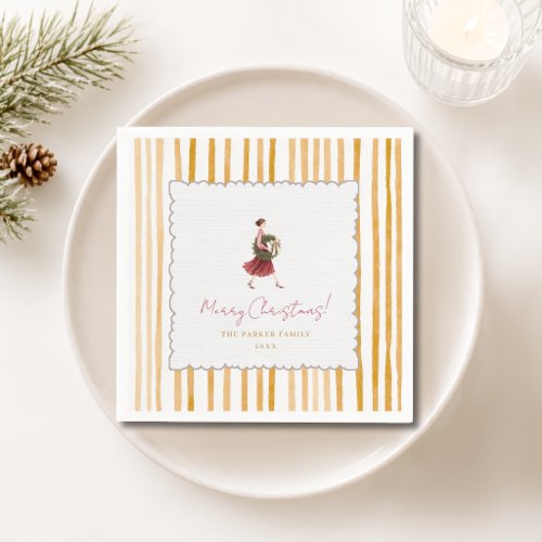 Elegant Woman Christmas Wreath Yellow Stripes Napkins