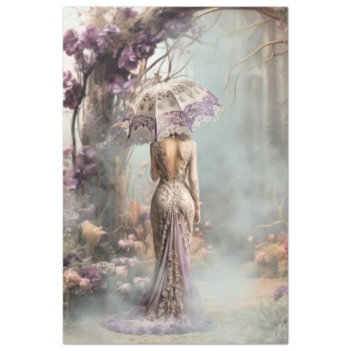 Elegant Woman Enchanted Garden Purple Parasol Tissue Paper