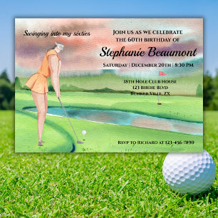 Elegant Woman Golf Player Swinging 60th Birthday Invitation