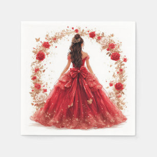 Elegant Woman in a Red Gown Surrounded by Roses Napkins