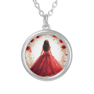 Elegant Woman in a Red Gown Surrounded by Roses Silver Plated Necklace