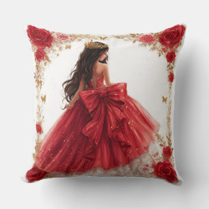 Elegant Woman in a Red Gown Surrounded by Roses Throw Pillow