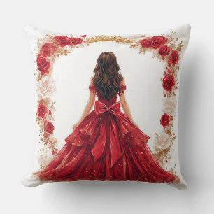 Elegant Woman in a Red Gown Surrounded by Roses Throw Pillow