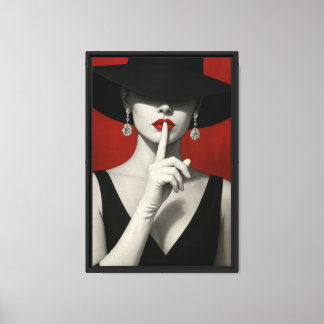Elegant Woman in Black Hat Red Lips Canvas Print