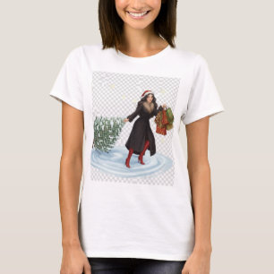 Elegant Woman in Santa Hat Pulling Christmas Tree T-Shirt