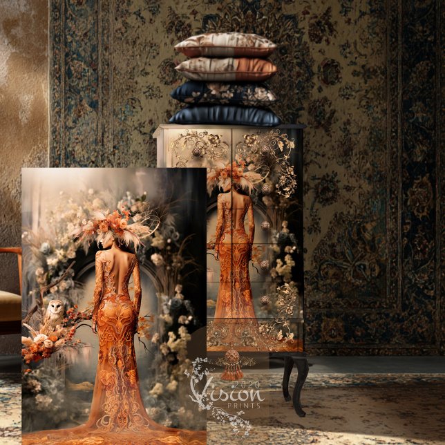 Elegant Woman, Owl & Floral Archway, Portrait Art Tissue Paper (Rustic Owl, Elegant Woman, Burnt Orange, Dusty Floral Archway, Fall Palette, Decoupage Tissue Paper)