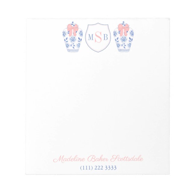 Elegant Woman Pink Ribbon Blue White Vase Monogram Notepad (Front)