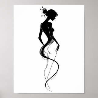 Elegant Woman Silhouette Abstract Line Art Black Poster