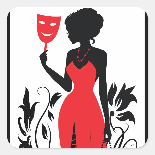 Elegant woman silhouette in red dress with mask square sticker (Front)
