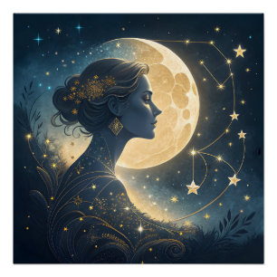 Elegant Woman Under the Golden Moon & Stars Poster