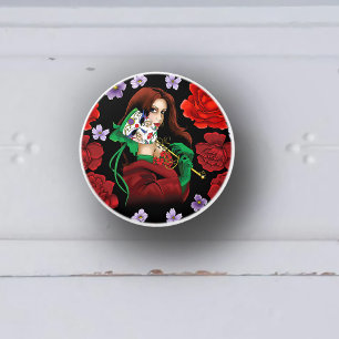 Elegant Woman Venetian Mask Red Green Ceramic Knob