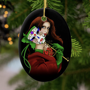 Elegant Woman Venetian Mask Red Green Ceramic Ornament