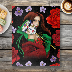 Elegant Woman Venetian Mask Red Green Jigsaw Puzzle