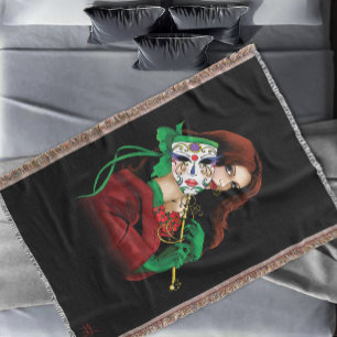 Elegant Woman Venetian Mask Red Green Throw Blanket
