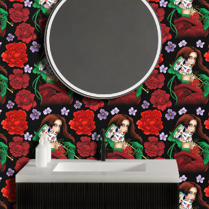 Elegant Woman Venetian Mask Red Green Wallpaper