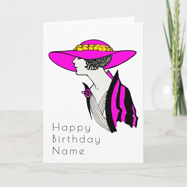 Elegant Woman Wide Brimmed Hat Art Deco Birthday Card (Front)