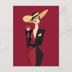 Elegant Woman Wine Illustration Postcard