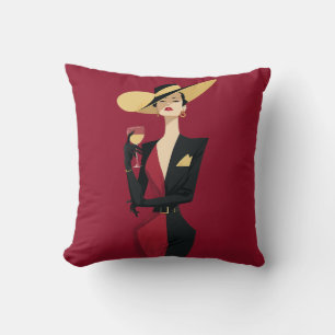 Elegant Woman Wine Illustration Throw Pillow