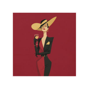 Elegant Woman Wine Illustration Wood Wall Art