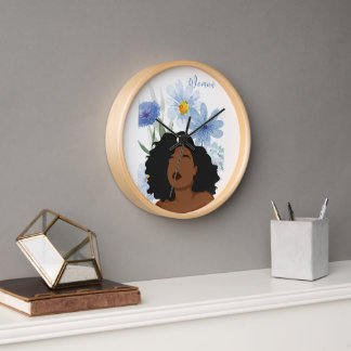 Elegant Woman with Blue Floral Wall Clock