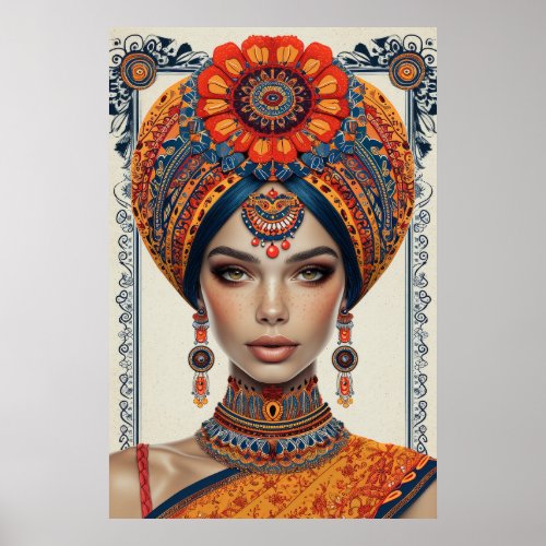 Elegant Woman with Indian Headdress Illustration Poster