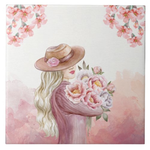 Elegant Woman with Peonies Watercolor Art Print Ceramic Tile