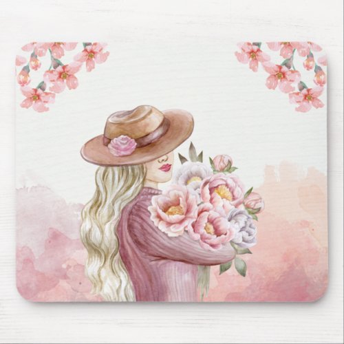 Elegant Woman with Peonies Watercolor Art Print Mouse Pad