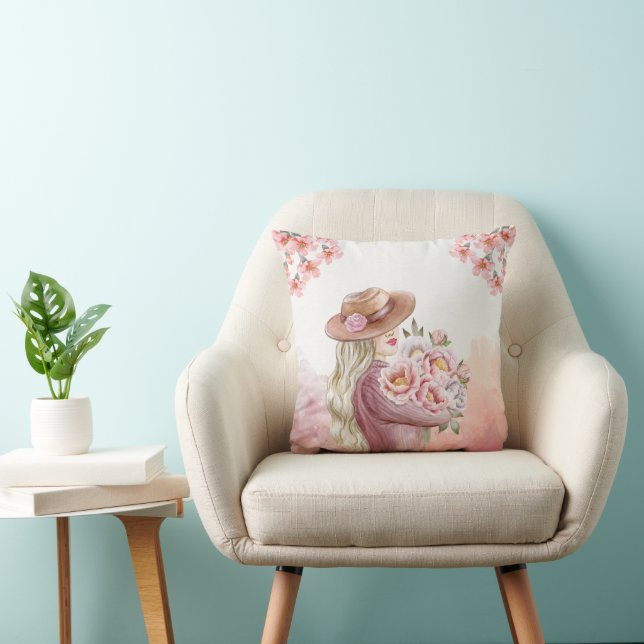 Elegant Woman with Peonies Watercolor Art Print Throw Pillow (Chair)