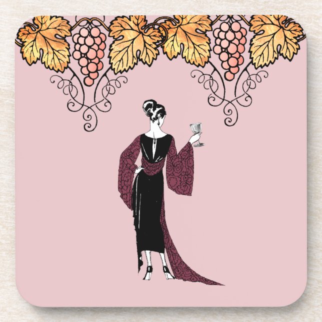 Elegant Woman with Wine Vintage Design Beverage Coaster (Front)