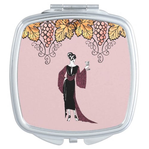 Elegant Woman with Wine Vintage Design Compact Mirror