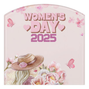 Elegant Women's Day 2025 with Pink Floral Design Door Sign