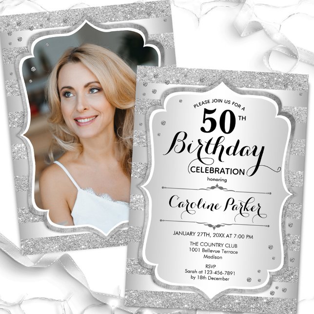 Elegant Womens Silver Photo 50th Birthday Invitation (Creator Uploaded)