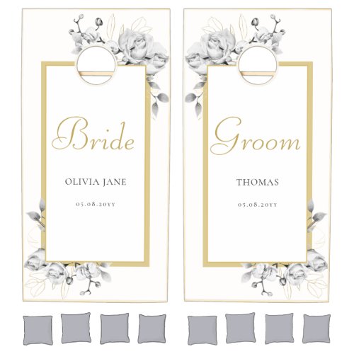 Elegant Wood Black White Gold Frame Floral Wedding Cornhole Set