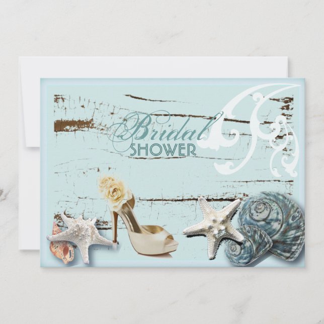 Elegant wood BLue Seashells Beach bridal shower Invitation (Front)
