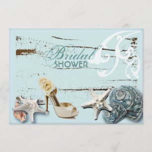 Elegant wood BLue Seashells Beach bridal shower Invitation