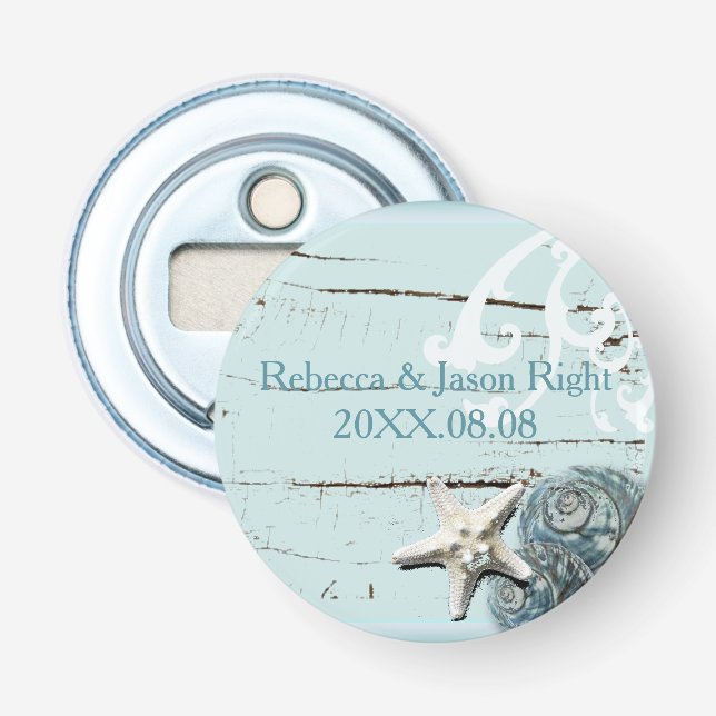 Elegant wood BLue Seashells Beach Wedding Bottle Opener (Front)