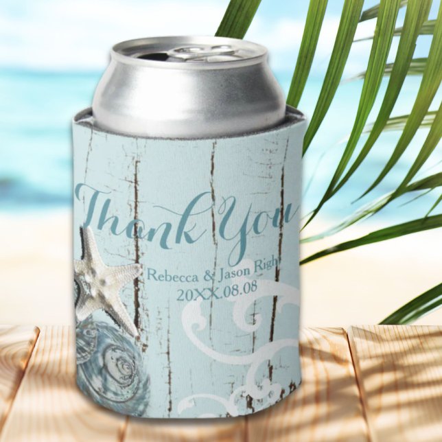 Elegant wood BLue Seashells Beach Wedding Can Cooler (Elegant wood BLue Seashells Beach Wedding Can Cooler)