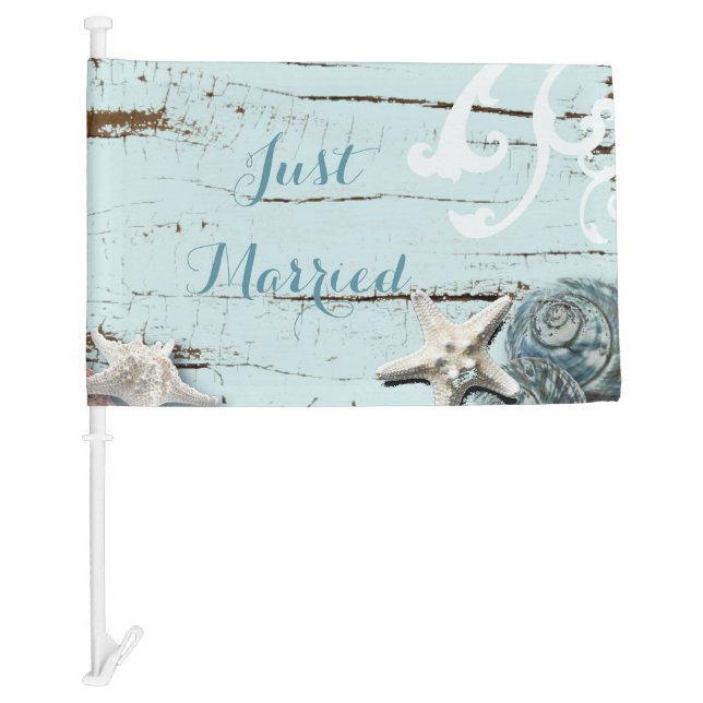 Elegant wood BLue Seashells Beach Wedding Car Flag (Front)