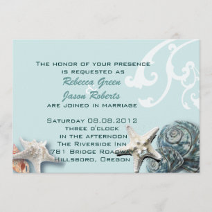 Elegant wood BLue Seashells Beach Wedding Invitation
