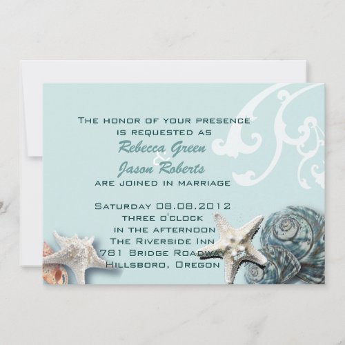 Elegant wood BLue Seashells Beach Wedding Invitation