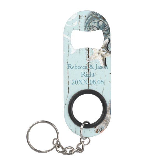 Elegant wood BLue Seashells Beach Wedding Keychain Bottle Opener (Front)