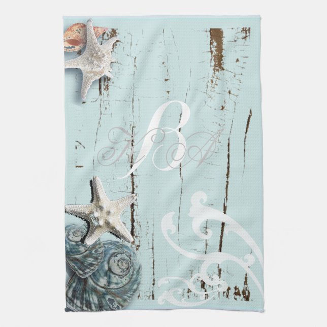 Elegant wood BLue Seashells Beach Wedding Kitchen Towel (Vertical)