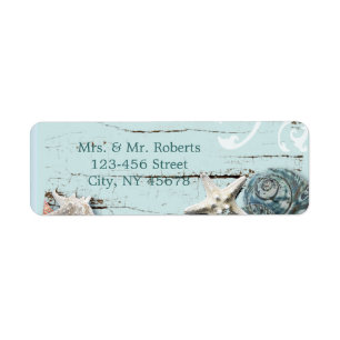 Elegant wood BLue Seashells Beach Wedding Label